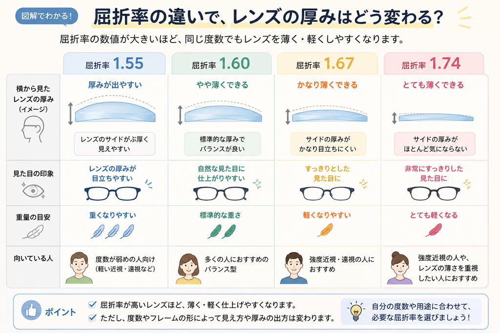 レンズの屈折率の違いを図解解説イメージ図