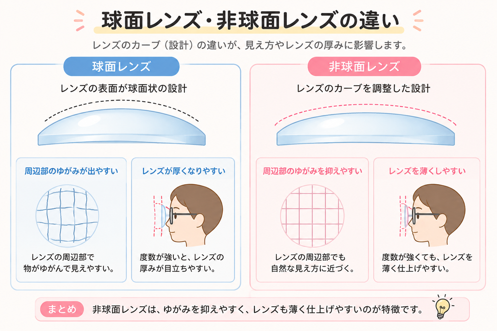 球面・非球面レンズの違いのイメージ図