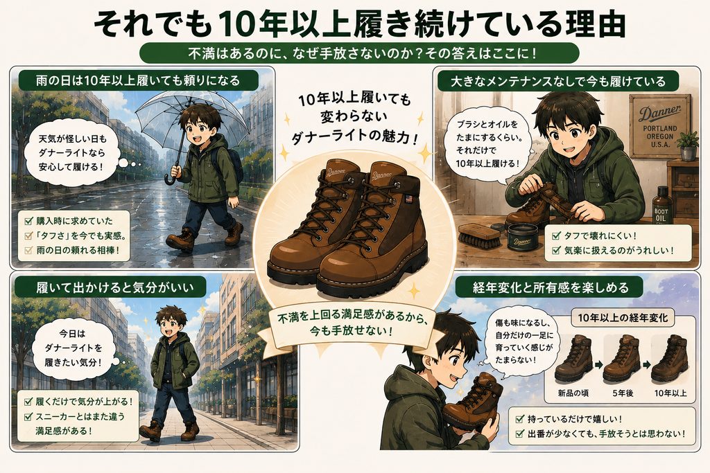 １０年間ダナーライトを履き続ける理由のイメージ図